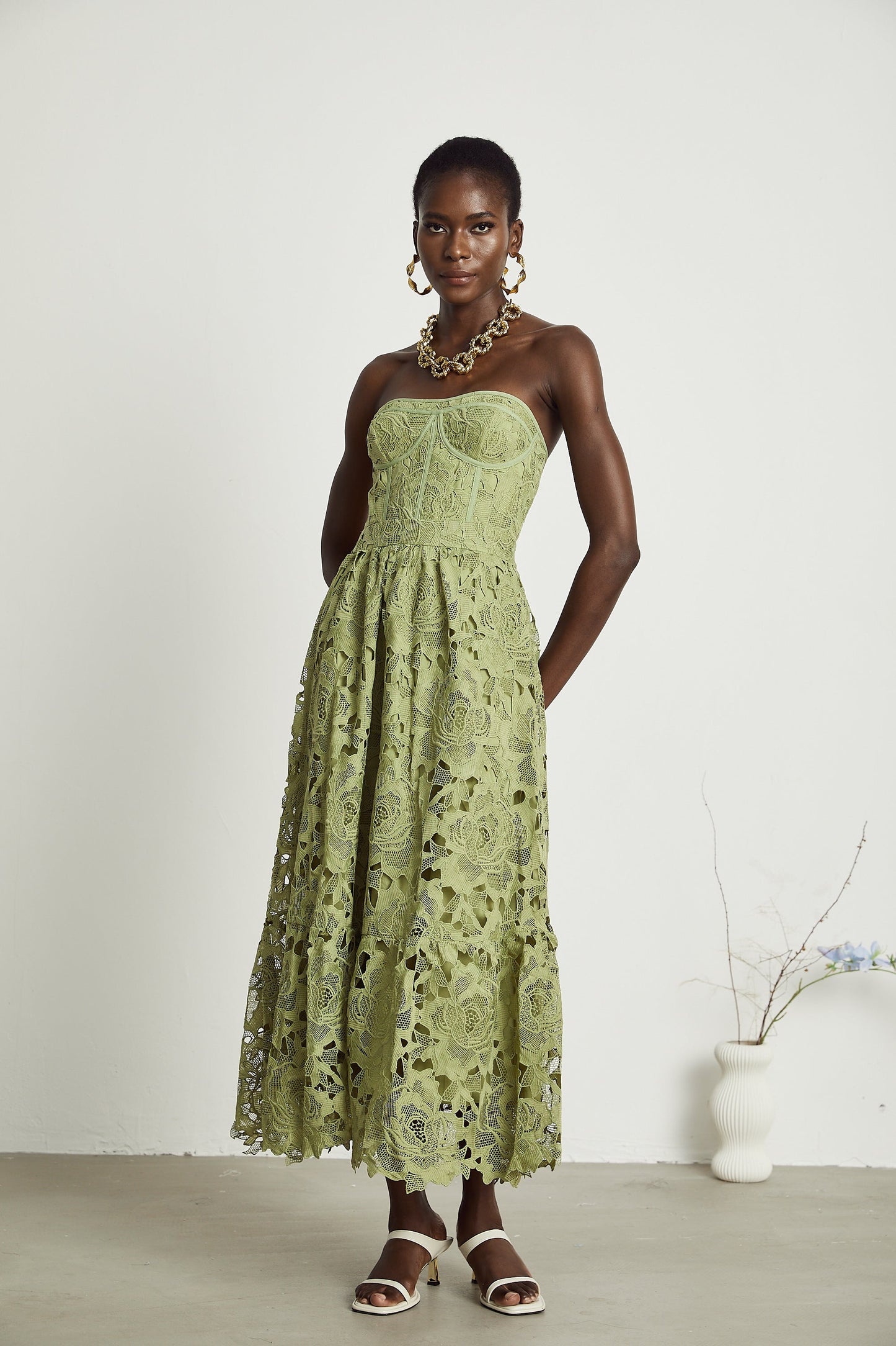 Sage Green Lace Strapless Maxi Dress with Flared Skirt for Women - Rosa