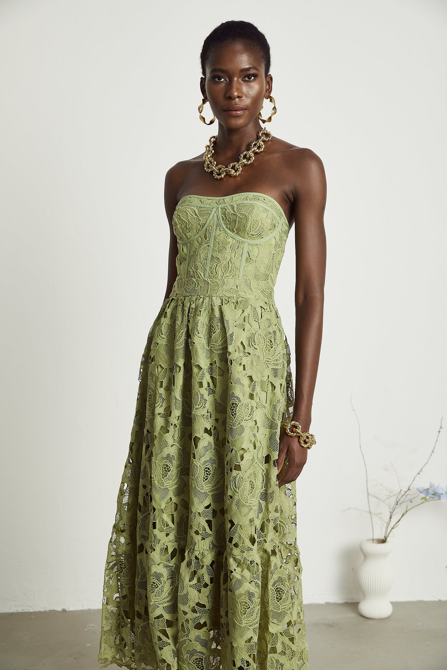 Sage Green Lace Strapless Maxi Dress with Flared Skirt for Women - Rosa