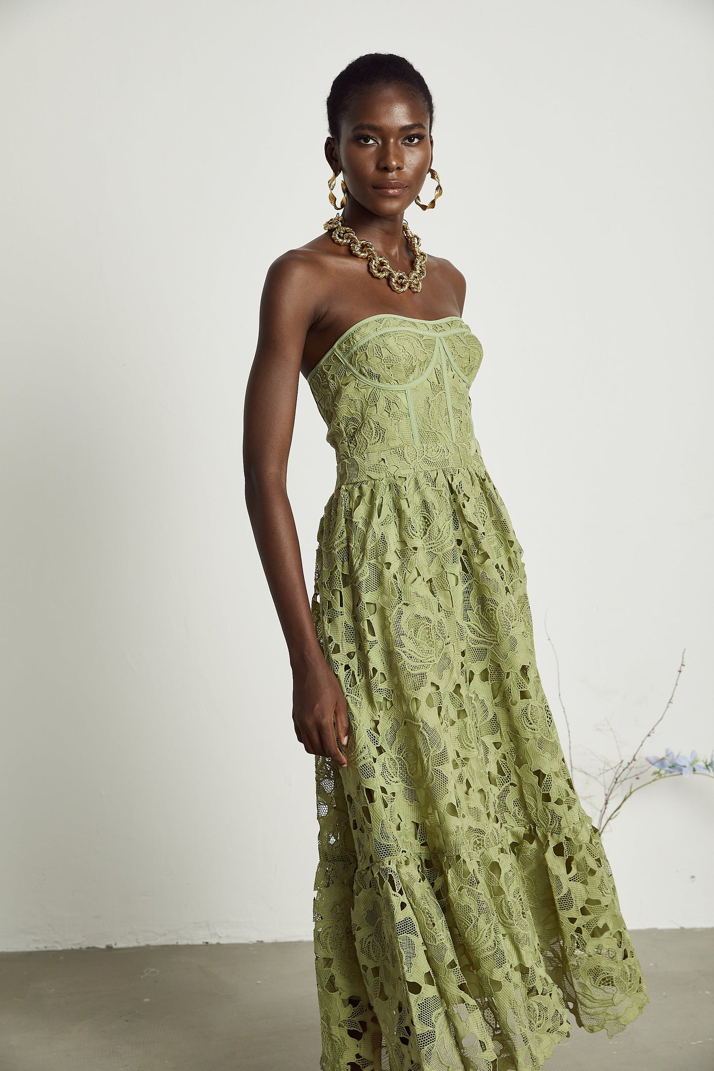 Sage Green Lace Strapless Maxi Dress with Flared Skirt for Women - Rosa