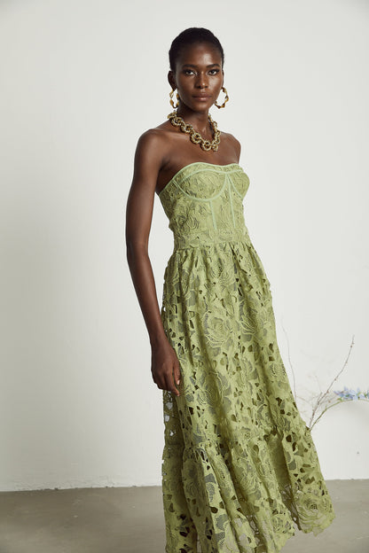 Sage Green Lace Strapless Maxi Dress with Flared Skirt for Women - Rosa