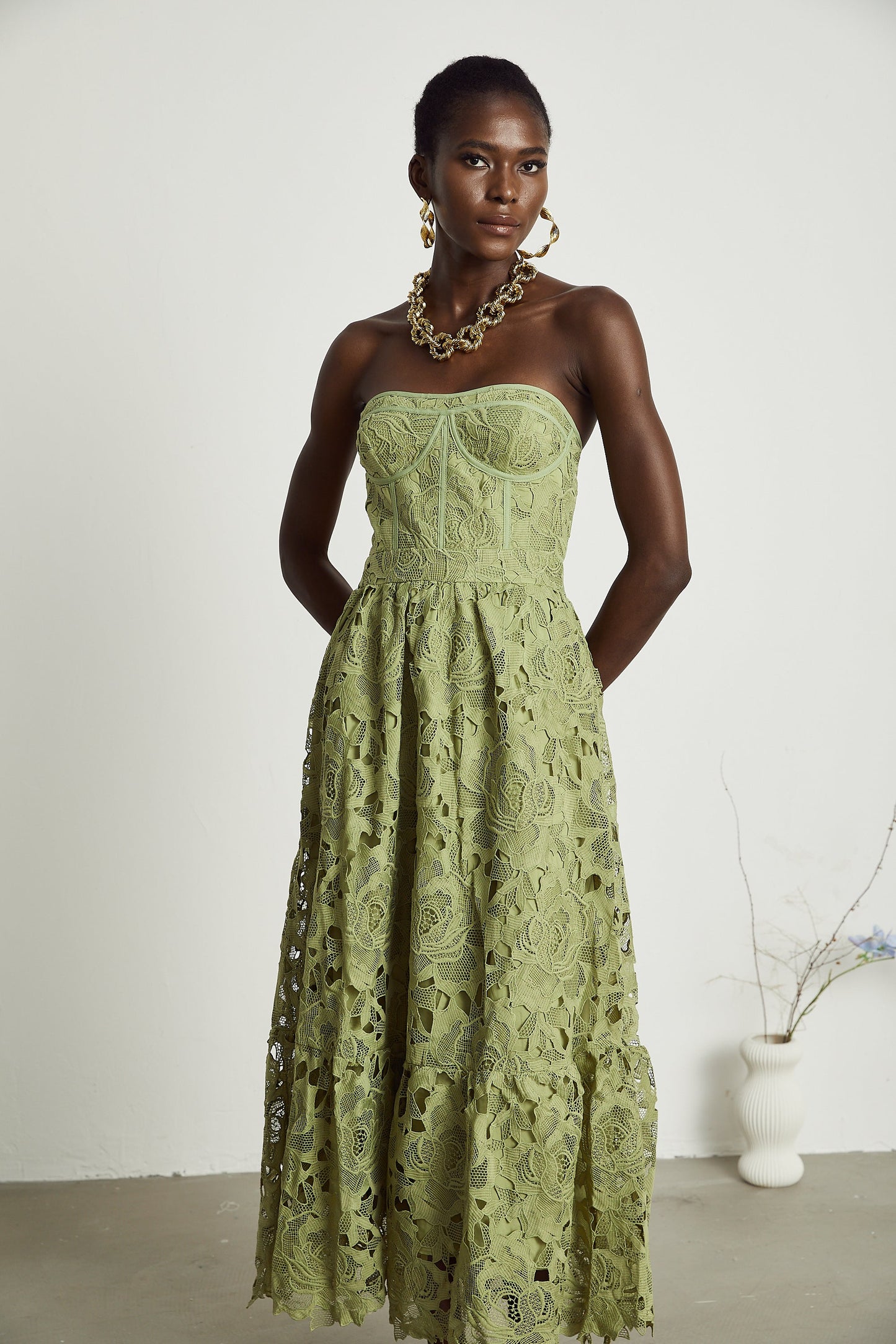 Sage Green Lace Strapless Maxi Dress with Flared Skirt for Women - Rosa