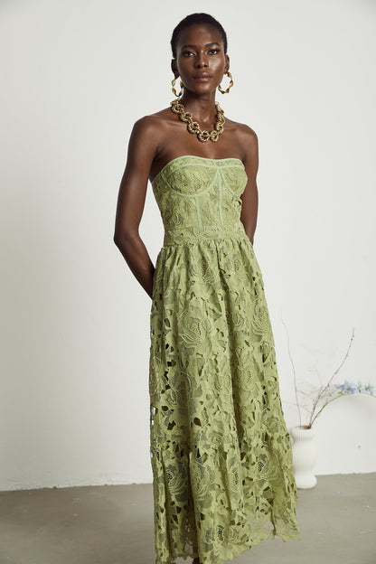Sage Green Lace Strapless Maxi Dress with Flared Skirt for Women - Rosa