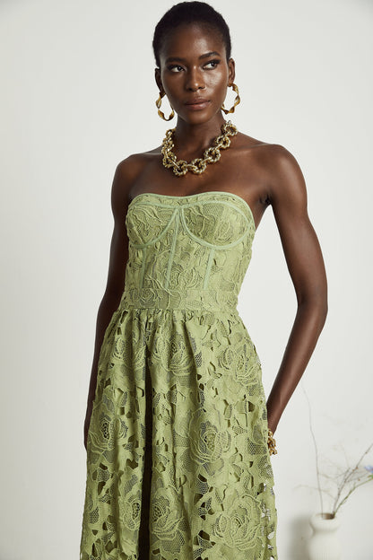 Sage Green Lace Strapless Maxi Dress with Flared Skirt for Women - Rosa