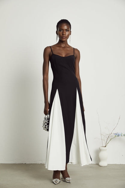 Black and White Spaghetti Strap Maxi Dress with Side Slit for Women - Alessandra