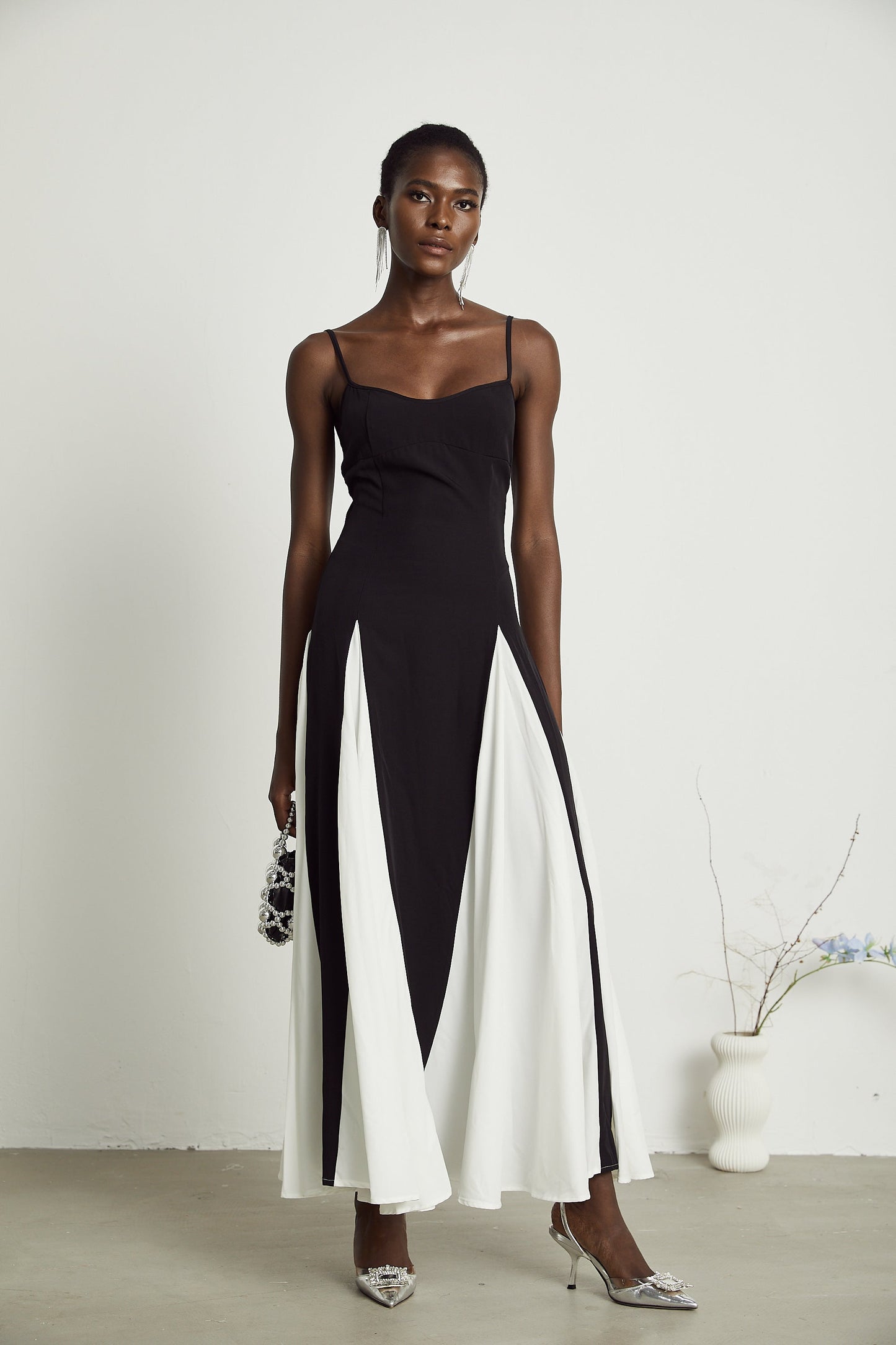 Black and White Spaghetti Strap Maxi Dress with Side Slit for Women - Alessandra