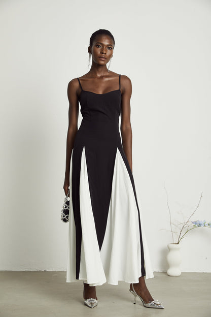 Black and White Spaghetti Strap Maxi Dress with Side Slit for Women - Alessandra