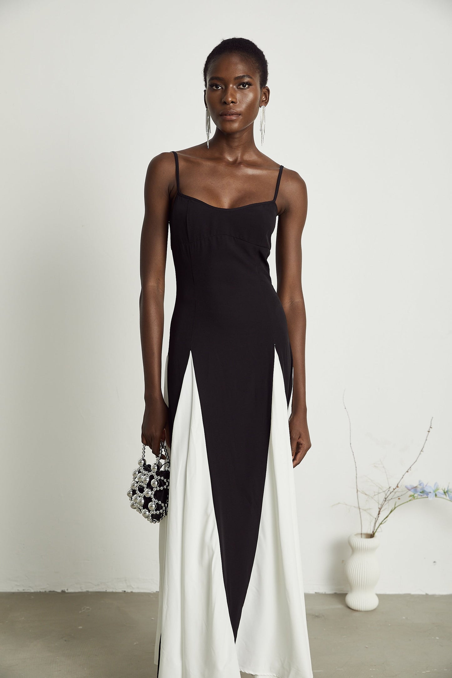 Black and White Spaghetti Strap Maxi Dress with Side Slit for Women - Alessandra