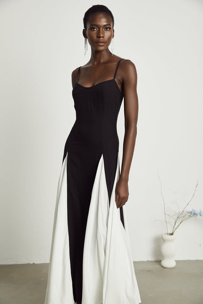 Black and White Spaghetti Strap Maxi Dress with Side Slit for Women - Alessandra