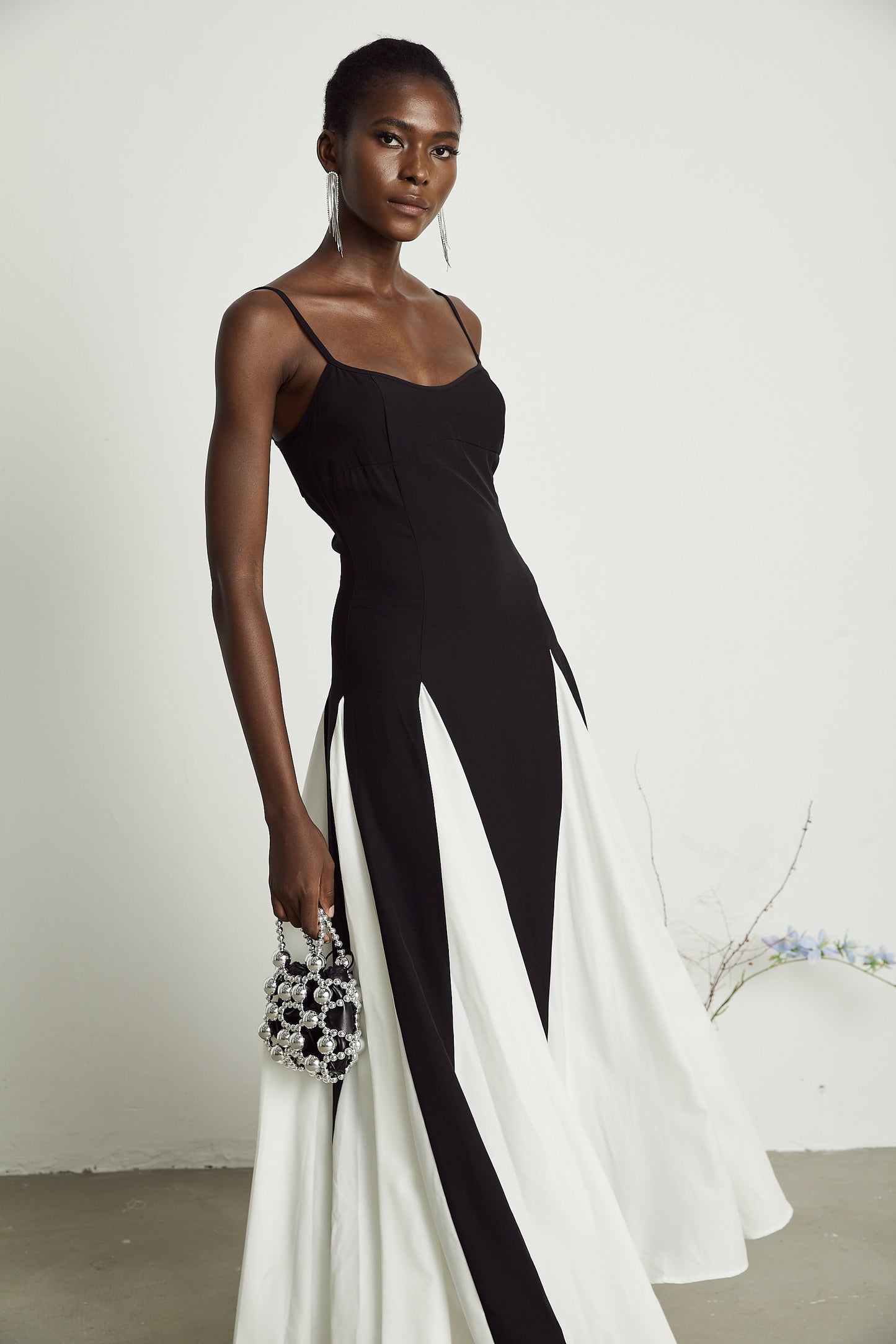 Black and White Spaghetti Strap Maxi Dress with Side Slit for Women - Alessandra