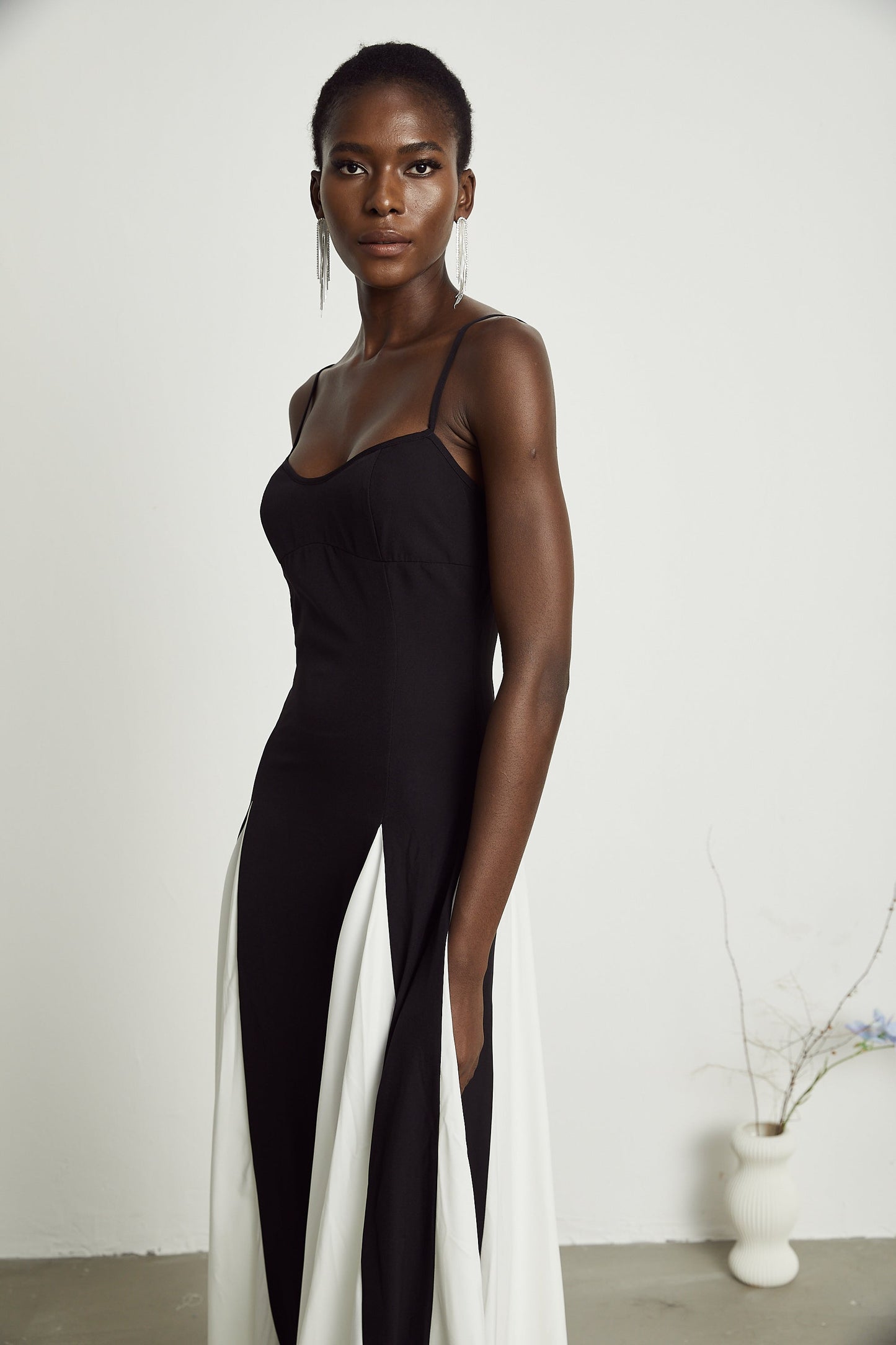 Black and White Spaghetti Strap Maxi Dress with Side Slit for Women - Alessandra