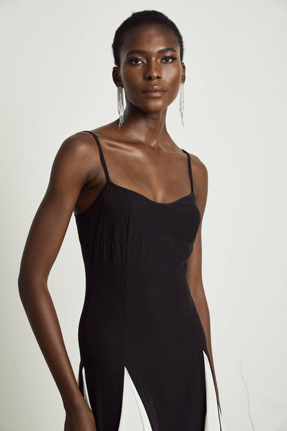 Black and White Spaghetti Strap Maxi Dress with Side Slit for Women - Alessandra