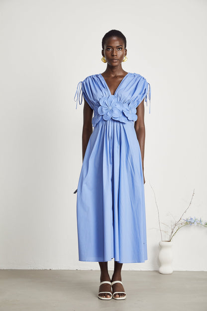 Sky Blue Maxi Dress with Floral Waist Detail for Women - Eva