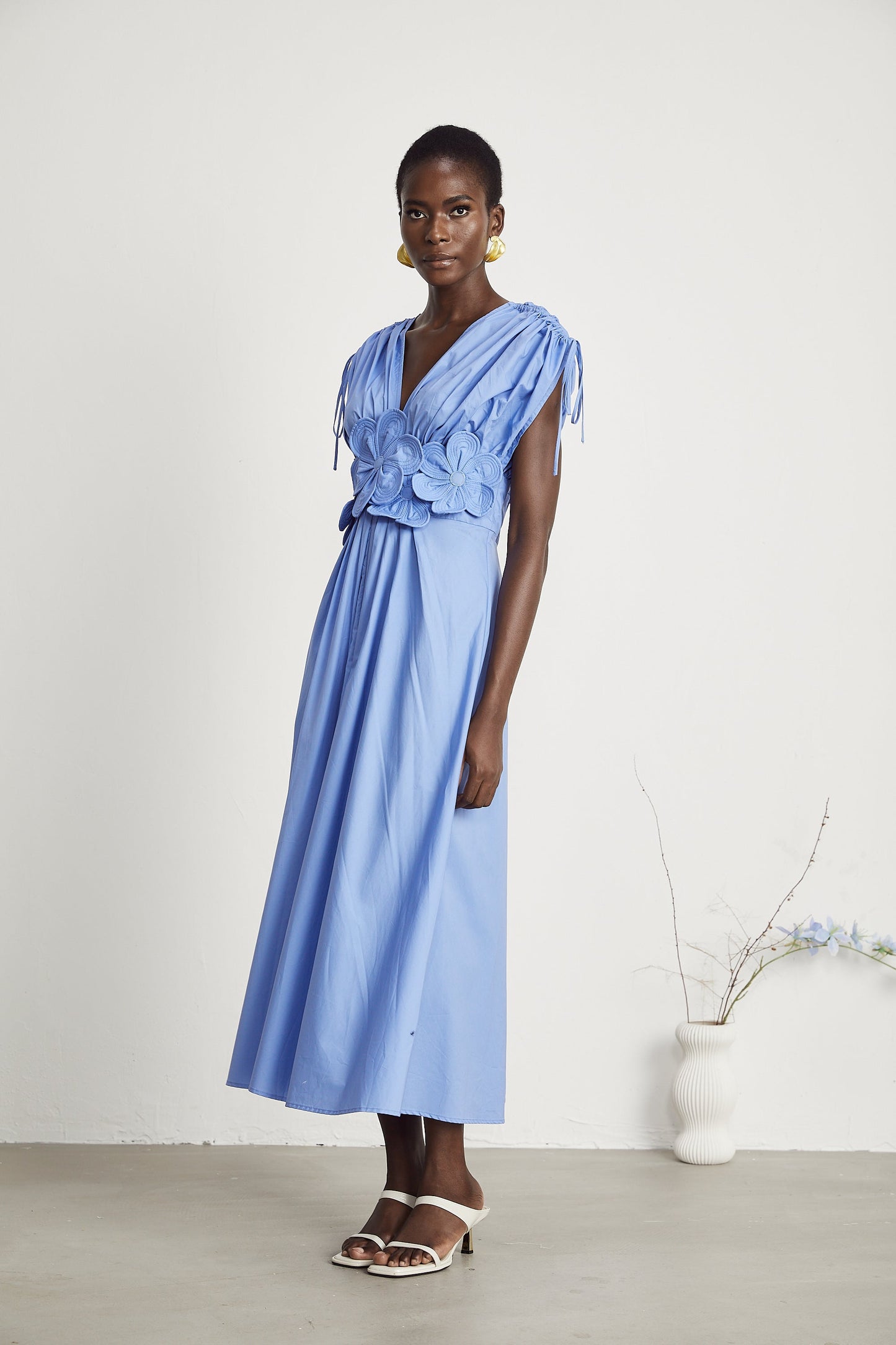 Sky Blue Maxi Dress with Floral Waist Detail for Women - Eva