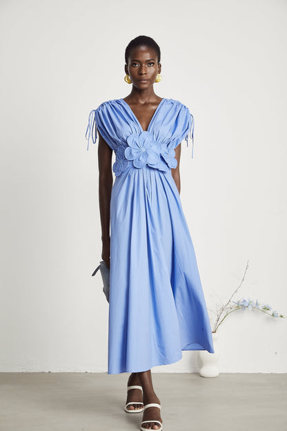 Sky Blue Maxi Dress with Floral Waist Detail for Women - Eva