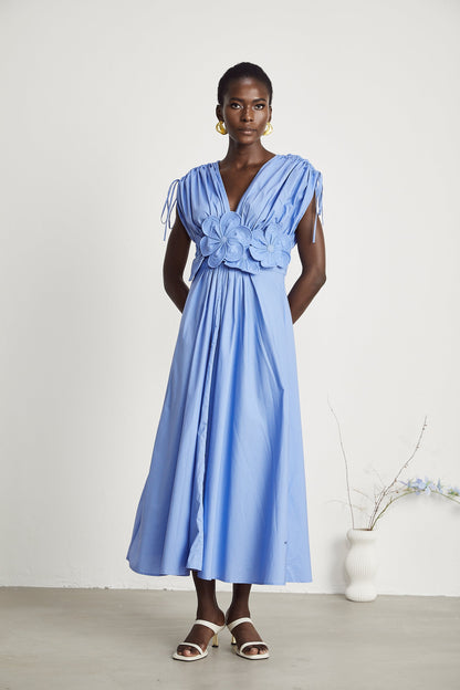 Sky Blue Maxi Dress with Floral Waist Detail for Women - Eva