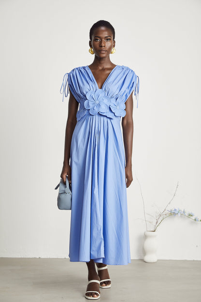 Sky Blue Maxi Dress with Floral Waist Detail for Women - Eva
