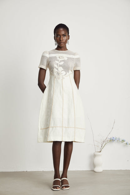 Ivory Mesh Panel Midi Dress with Floral Embroidery for Women - Liliana