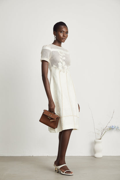 Ivory Mesh Panel Midi Dress with Floral Embroidery for Women - Liliana