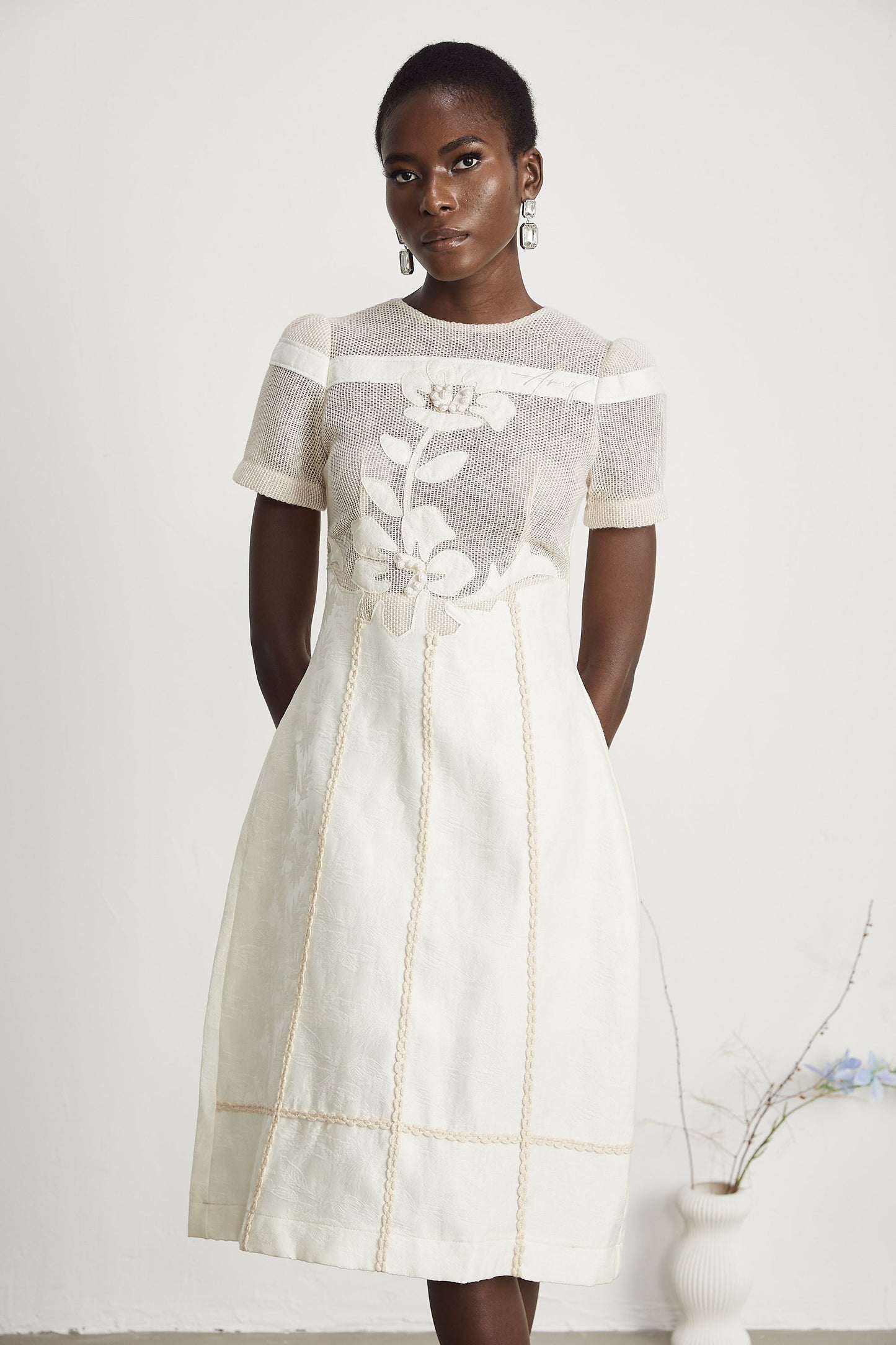 Ivory Mesh Panel Midi Dress with Floral Embroidery for Women - Liliana