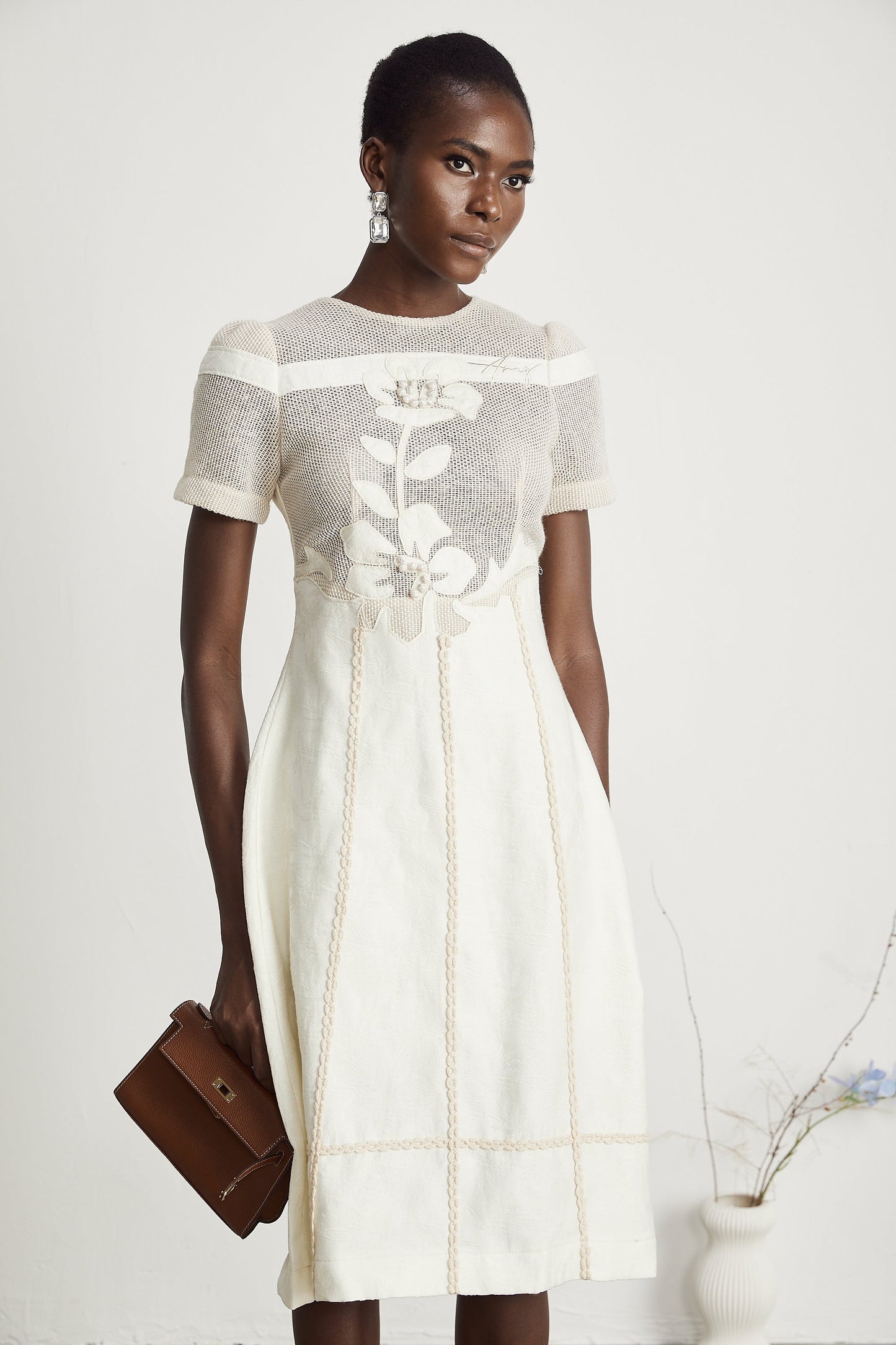 Ivory Mesh Panel Midi Dress with Floral Embroidery for Women - Liliana