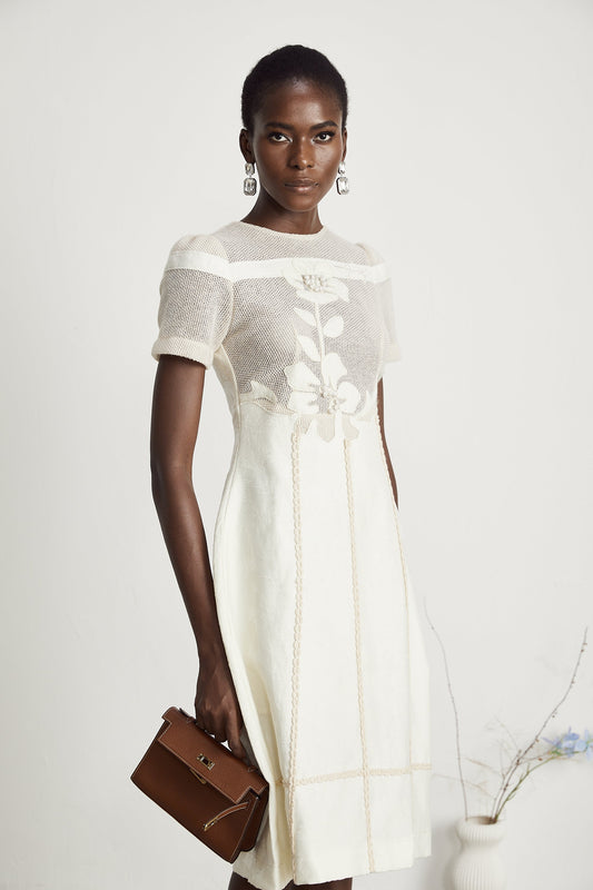Ivory Mesh Panel Midi Dress with Floral Embroidery for Women - Liliana