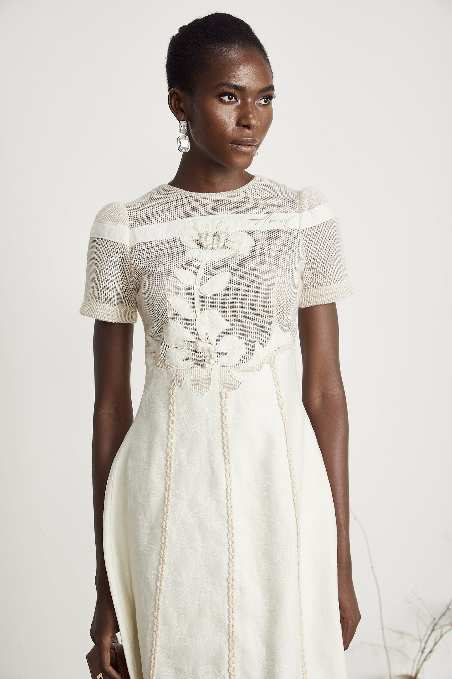 Ivory Mesh Panel Midi Dress with Floral Embroidery for Women - Liliana