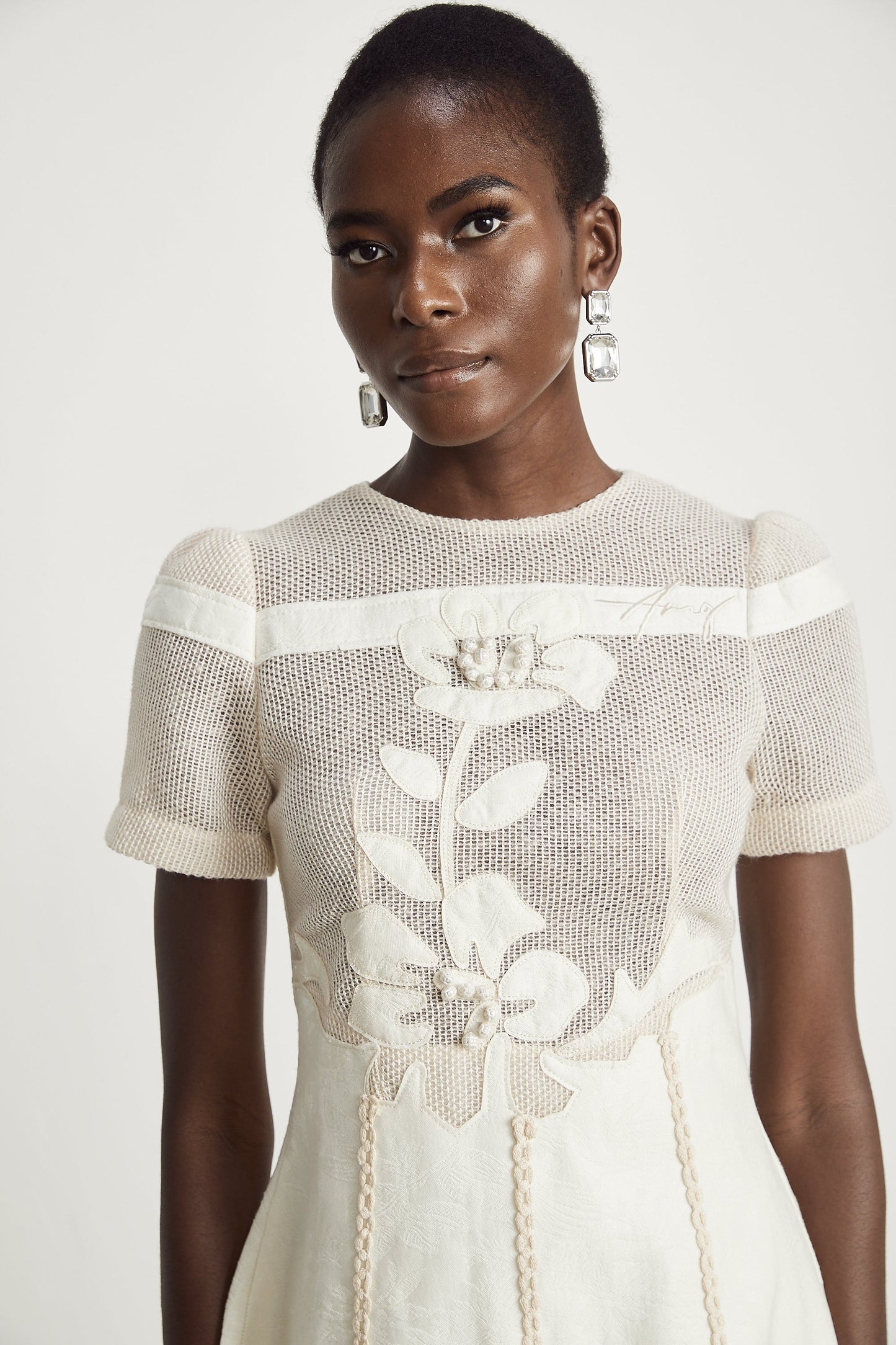 Ivory Mesh Panel Midi Dress with Floral Embroidery for Women - Liliana