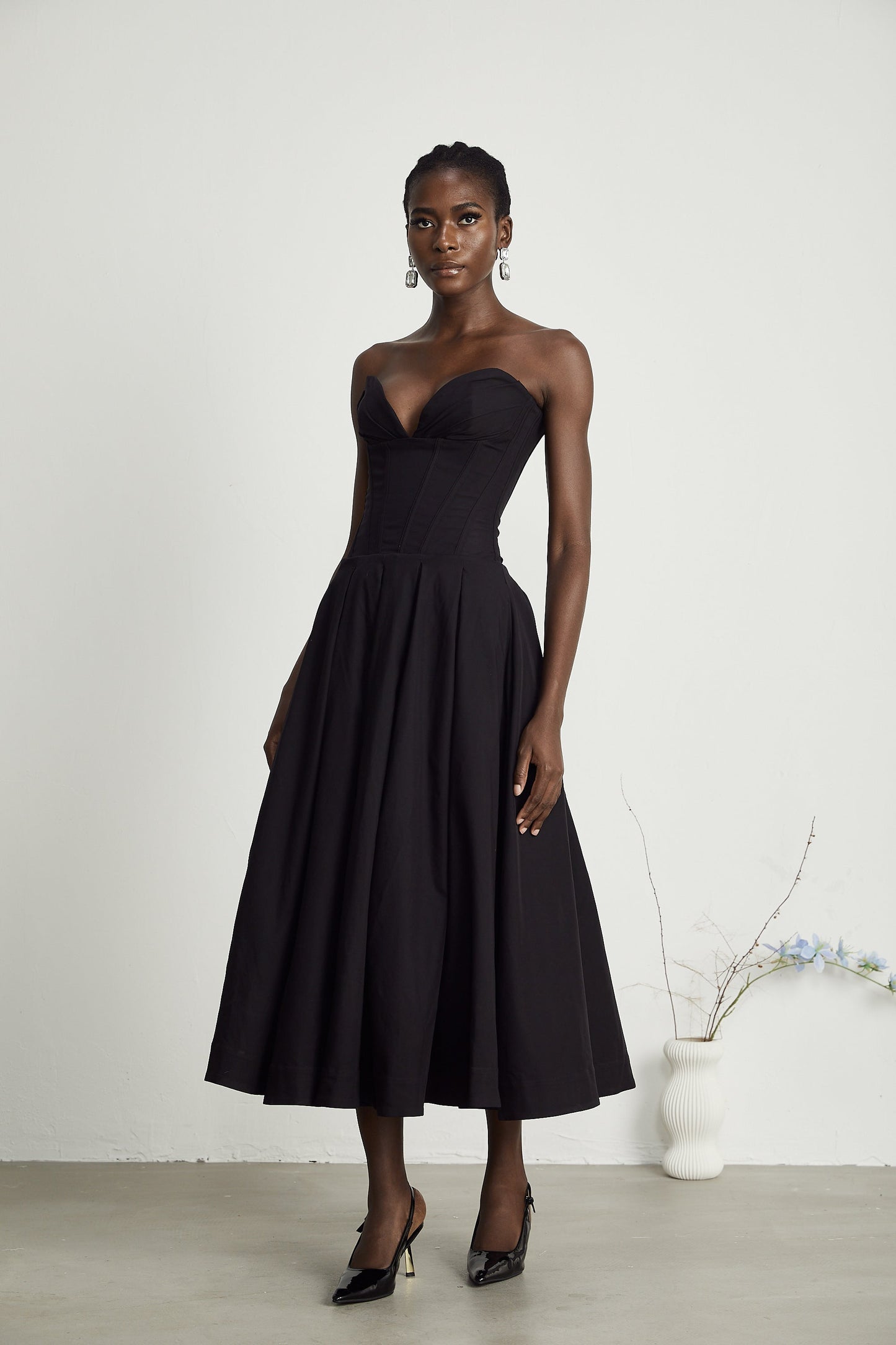 Black Strapless Corset Midi Dress with Full Skirt for Women - Silvana