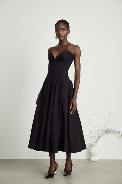 Black Strapless Corset Midi Dress with Full Skirt for Women - Silvana