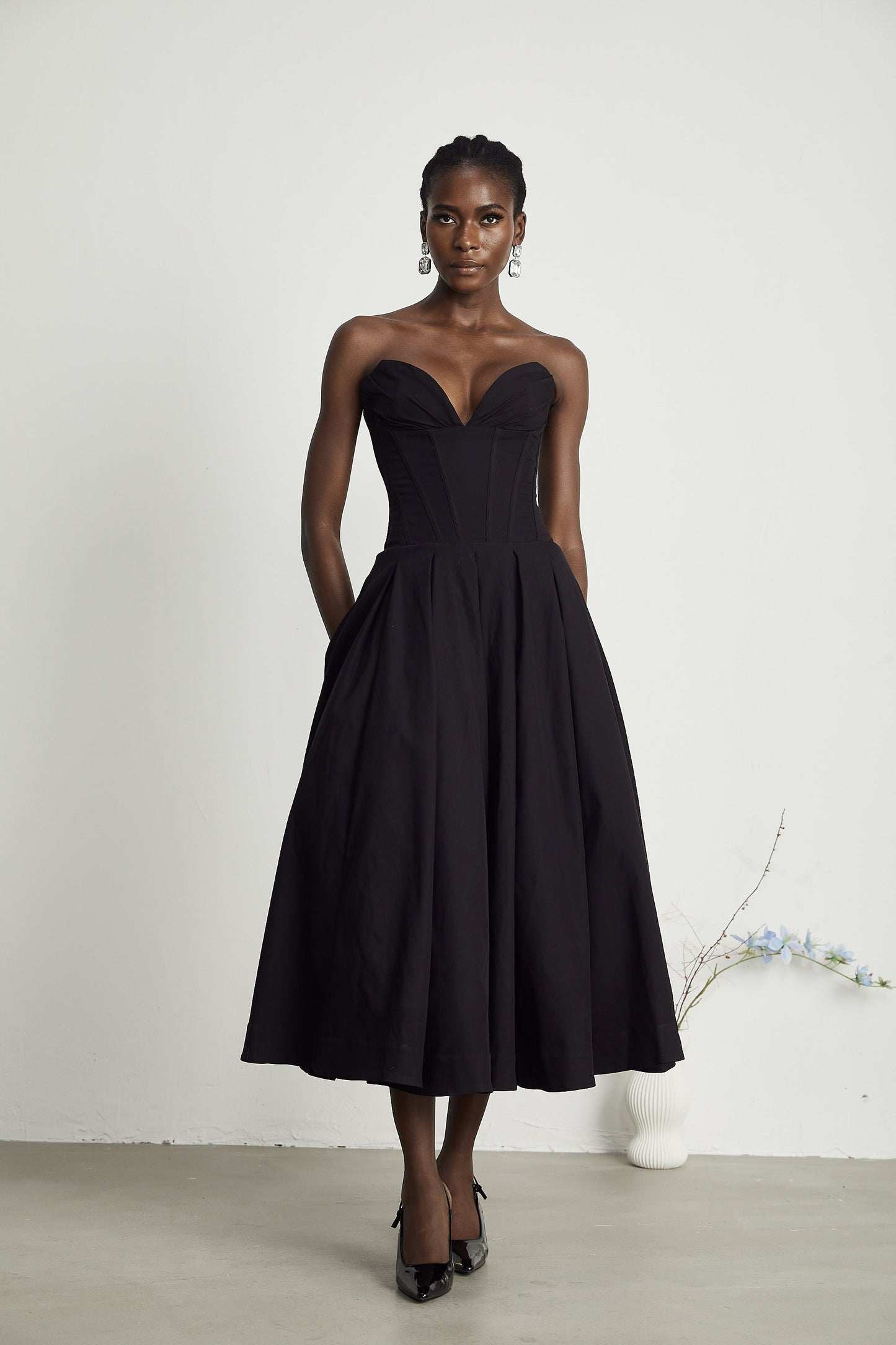 Black Strapless Corset Midi Dress with Full Skirt for Women - Silvana