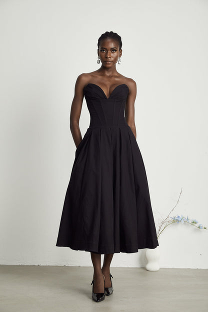 Black Strapless Corset Midi Dress with Full Skirt for Women - Silvana
