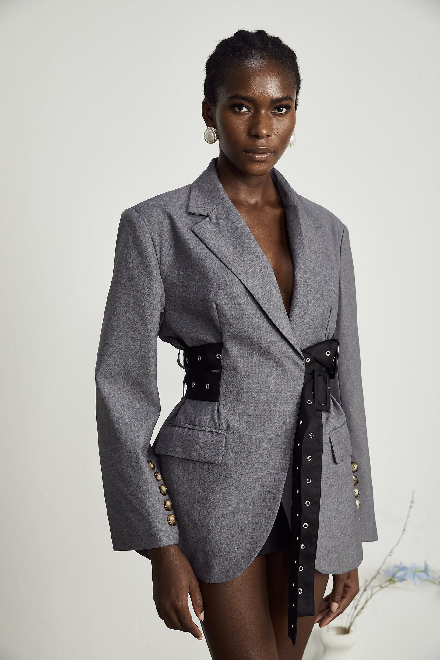 Grey Blazer with Belt and Pocket Detailing for Women - Francesca