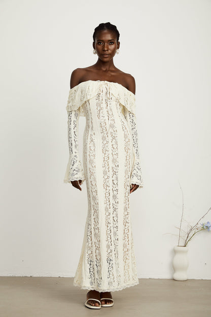 Ivory White Lace Maxi Dress with Off Shoulder Sleeves for Women - Lucrezia