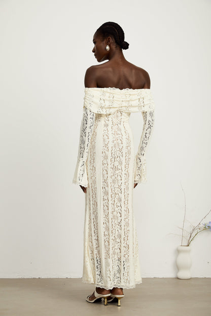 Ivory White Lace Maxi Dress with Off Shoulder Sleeves for Women - Lucrezia