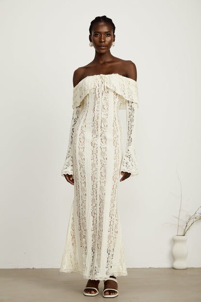 Ivory White Lace Maxi Dress with Off Shoulder Sleeves for Women - Lucrezia