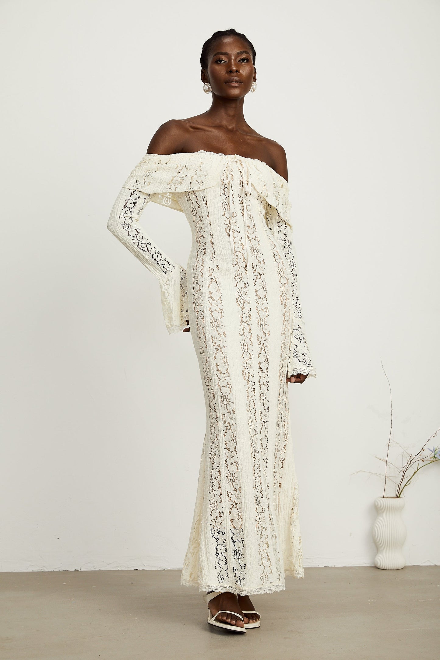 Ivory White Lace Maxi Dress with Off Shoulder Sleeves for Women - Lucrezia