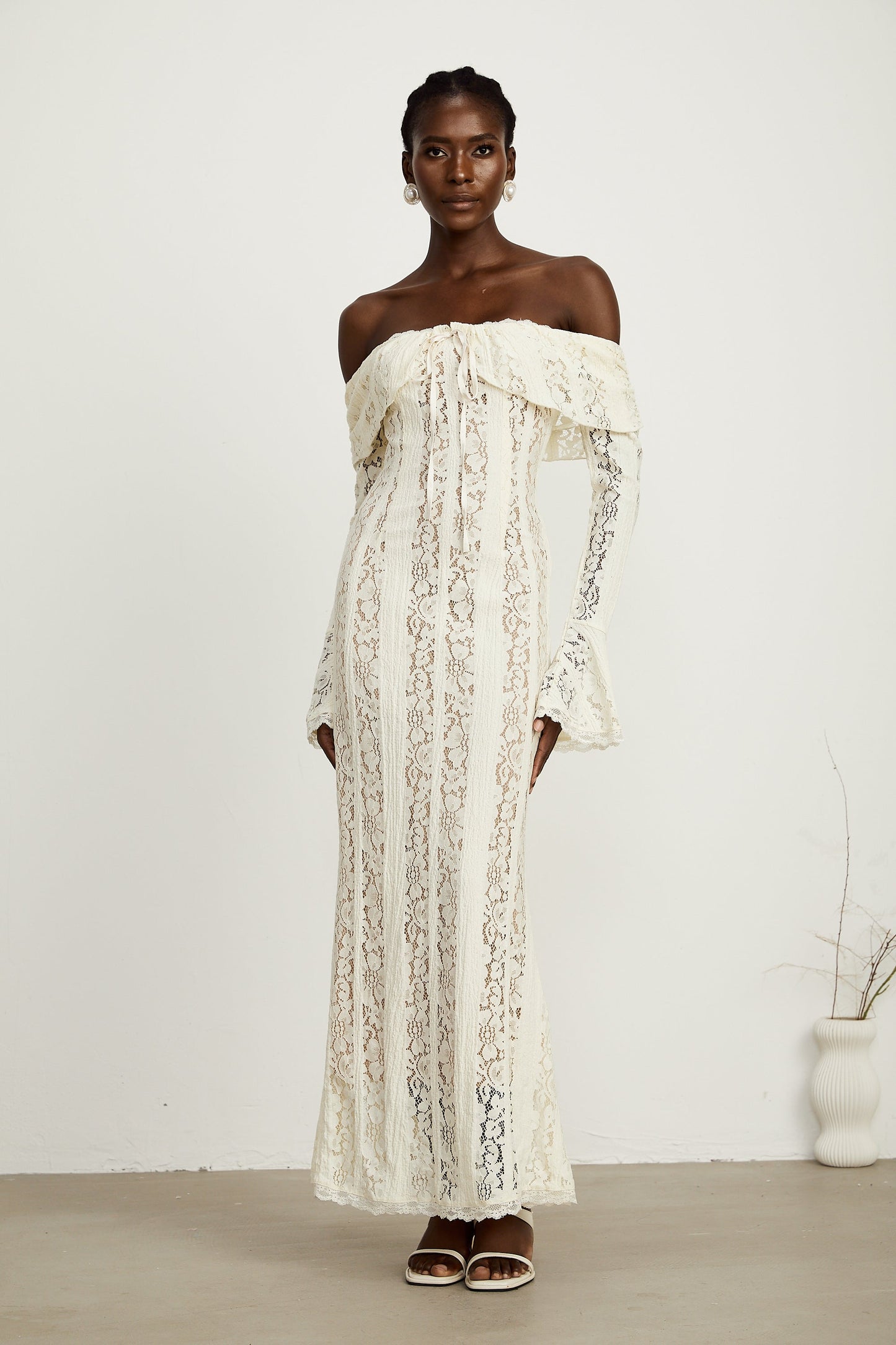 Ivory White Lace Maxi Dress with Off Shoulder Sleeves for Women - Lucrezia