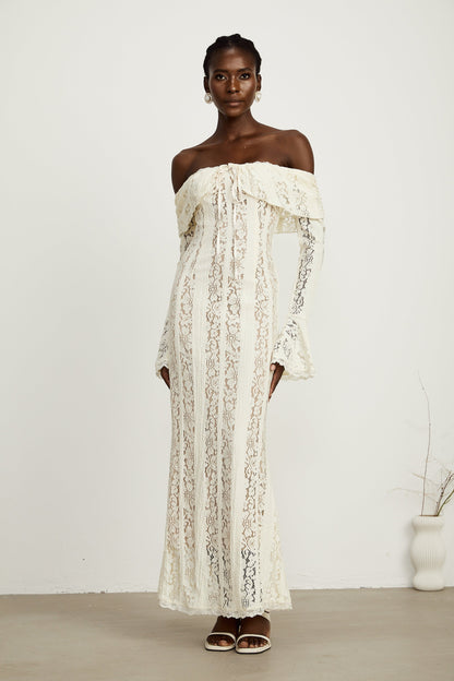 Ivory White Lace Maxi Dress with Off Shoulder Sleeves for Women - Lucrezia