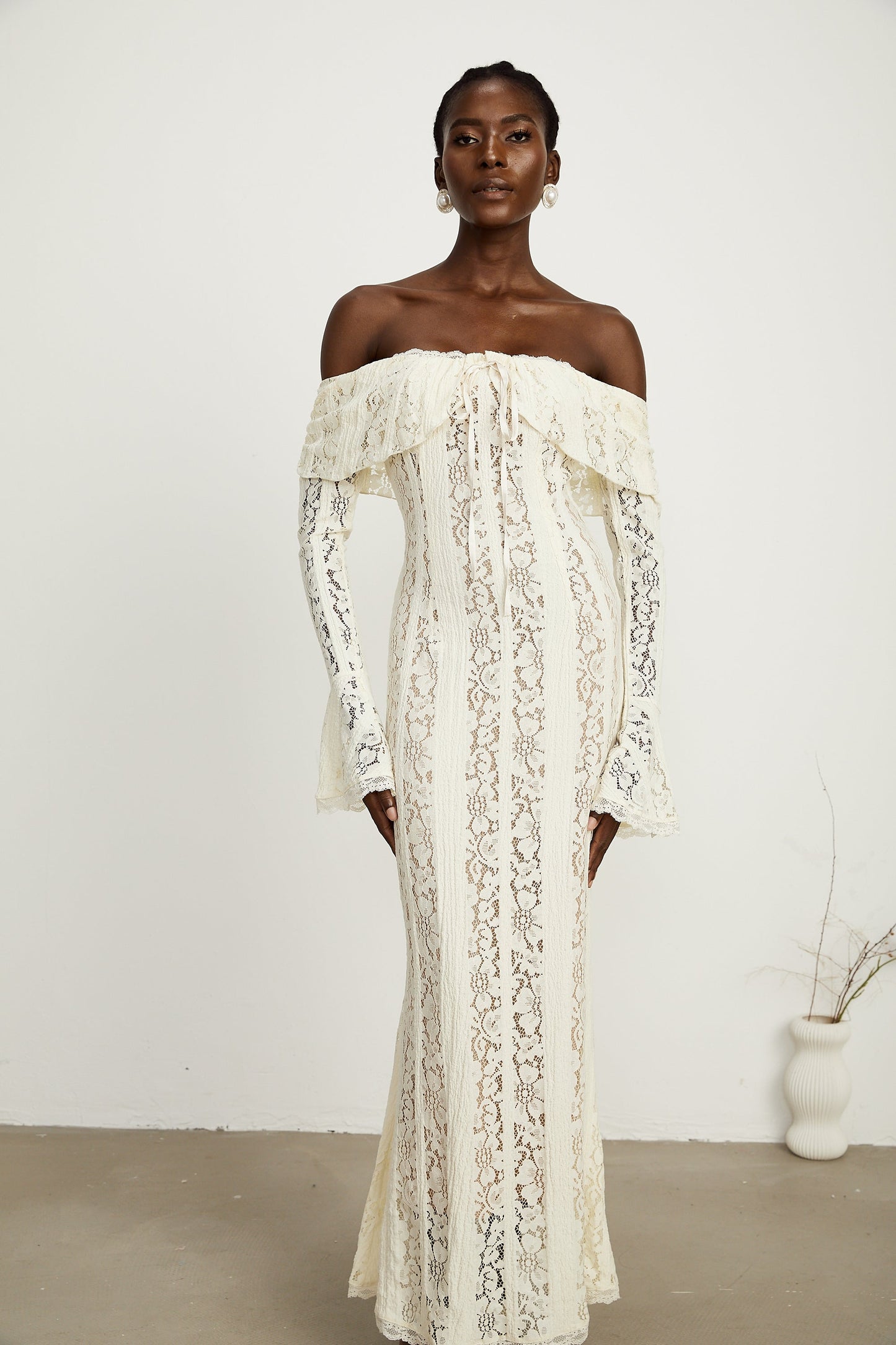 Ivory White Lace Maxi Dress with Off Shoulder Sleeves for Women - Lucrezia