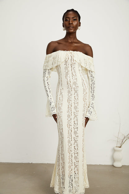 Ivory White Lace Maxi Dress with Off Shoulder Sleeves for Women - Lucrezia