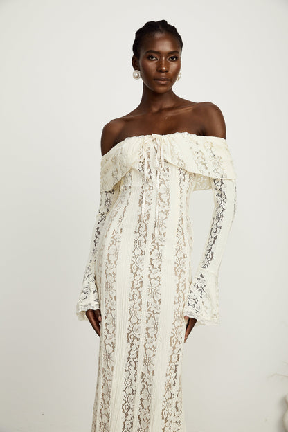 Ivory White Lace Maxi Dress with Off Shoulder Sleeves for Women - Lucrezia