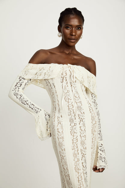 Ivory White Lace Maxi Dress with Off Shoulder Sleeves for Women - Lucrezia