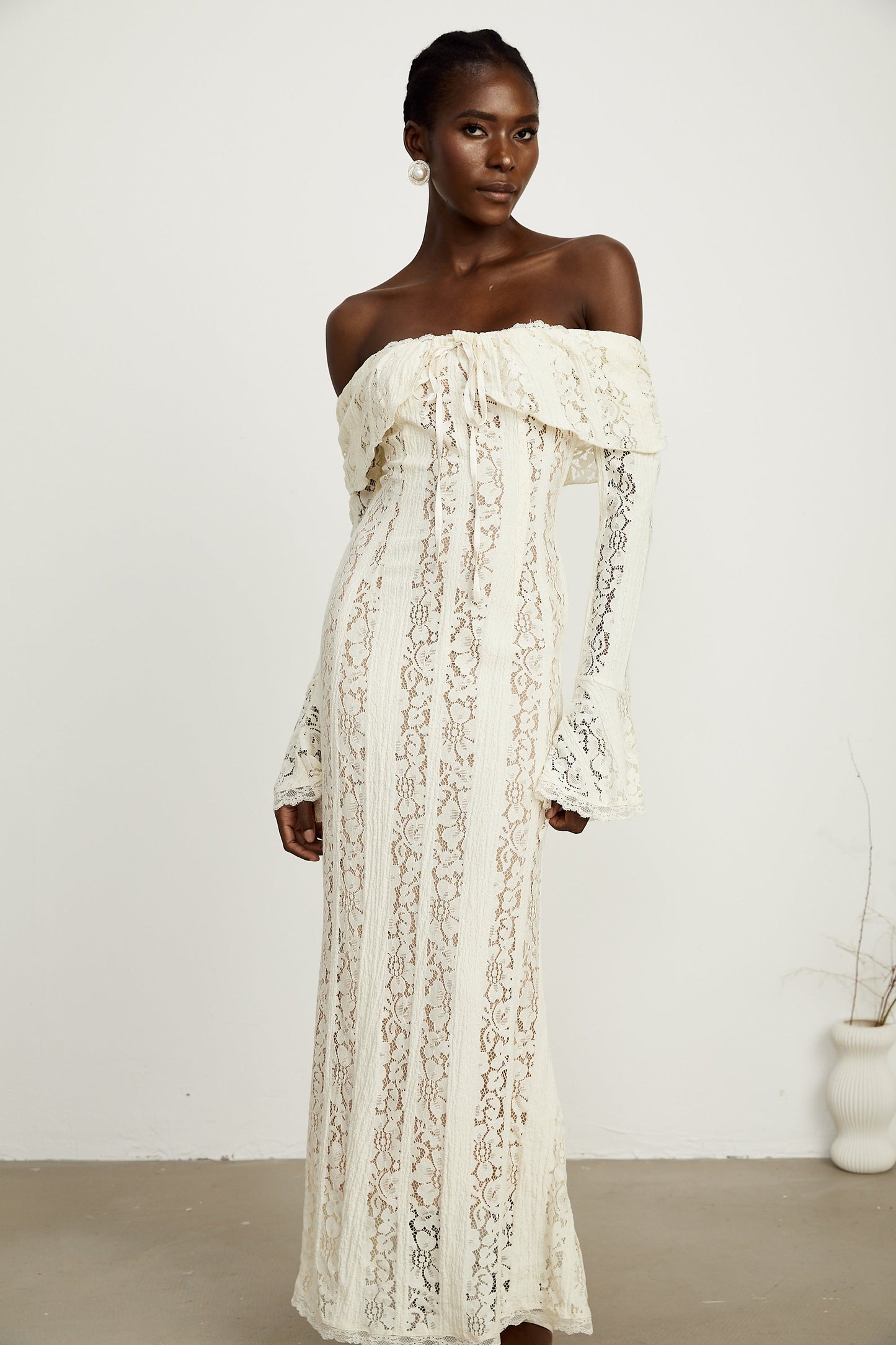 Ivory White Lace Maxi Dress with Off Shoulder Sleeves for Women - Lucrezia