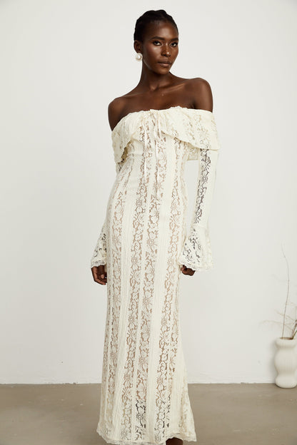 Ivory White Lace Maxi Dress with Off Shoulder Sleeves for Women - Lucrezia