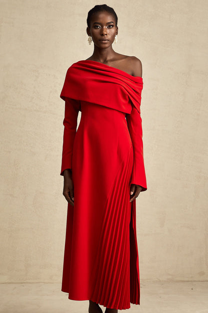 Cherry Red Off Shoulder Pleated Maxi Dress for Women - Serena