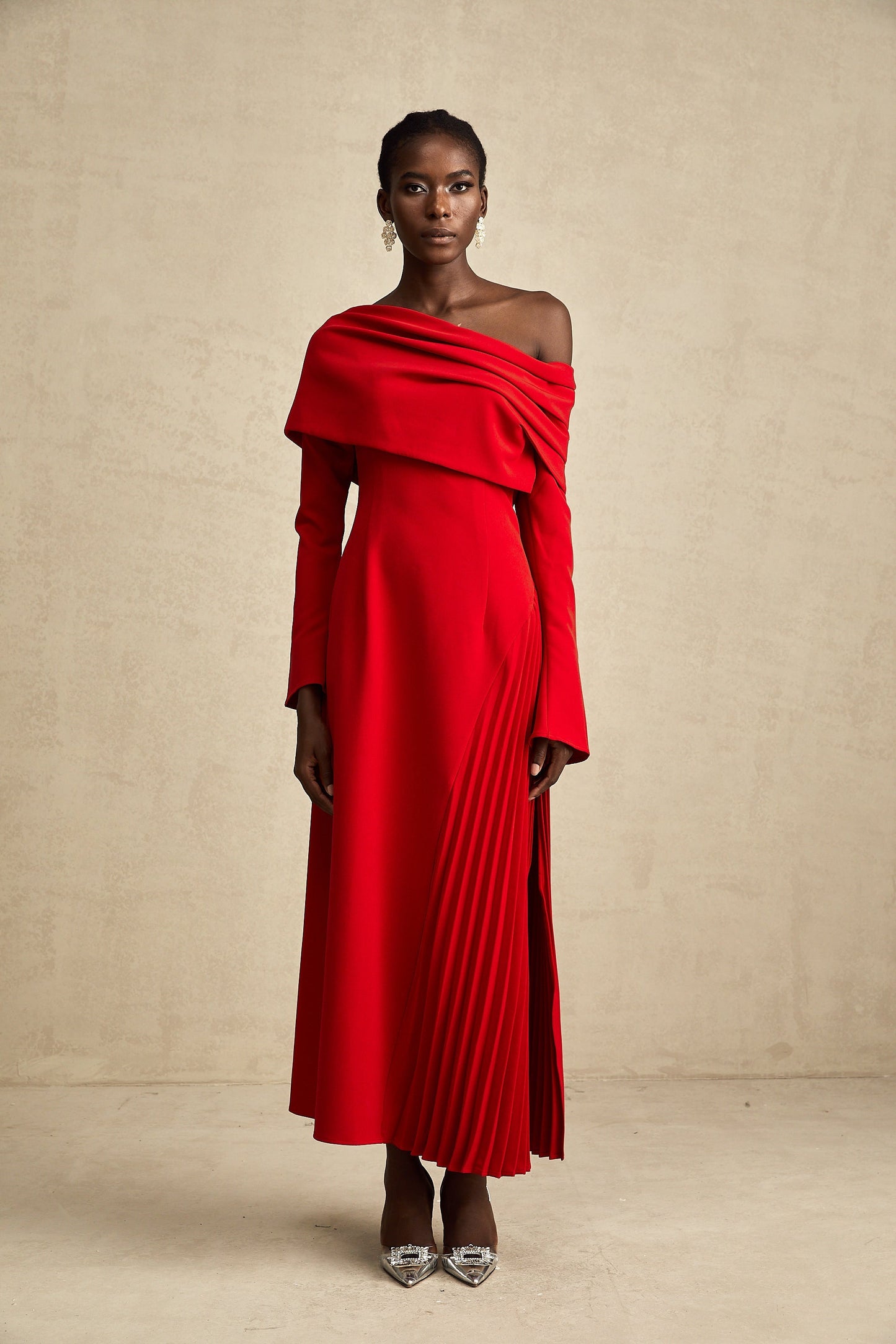 Cherry Red Off Shoulder Pleated Maxi Dress for Women - Serena