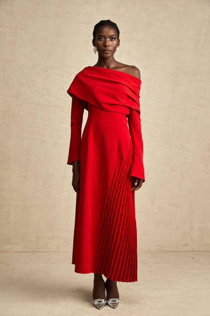 Cherry Red Off Shoulder Pleated Maxi Dress for Women - Serena