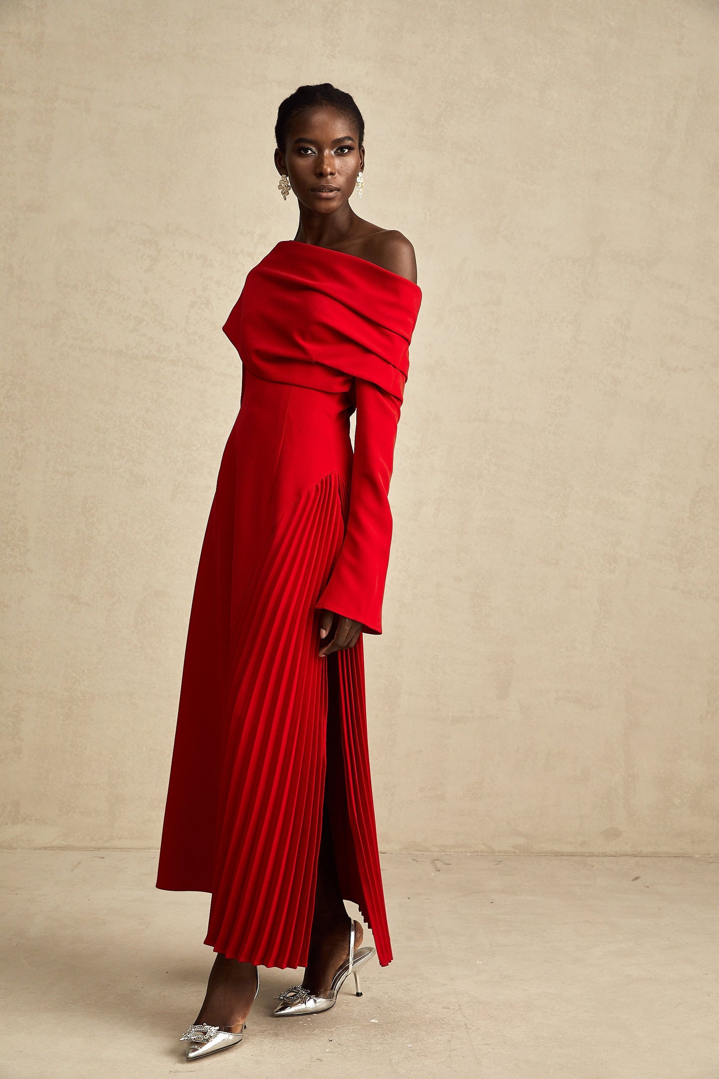 Cherry Red Off Shoulder Pleated Maxi Dress for Women - Serena