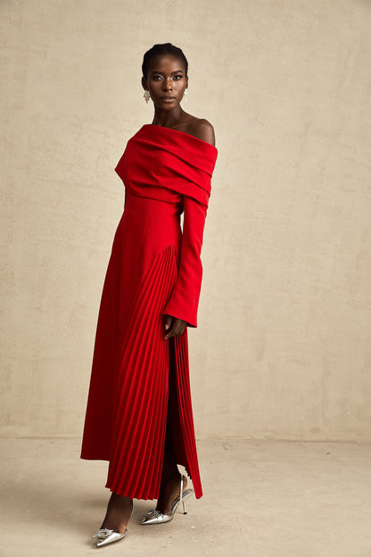 Cherry Red Off Shoulder Pleated Maxi Dress for Women - Serena