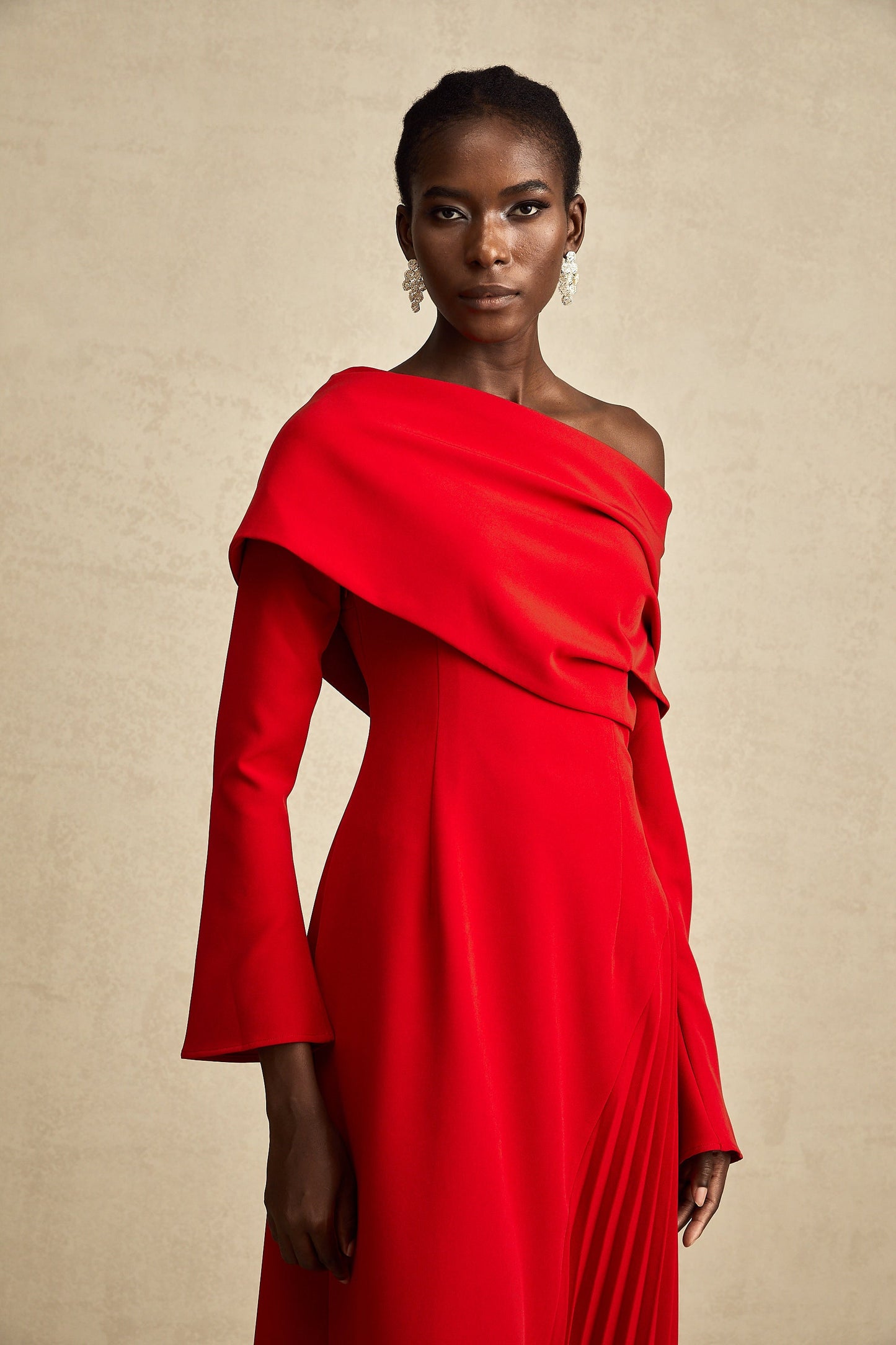 Cherry Red Off Shoulder Pleated Maxi Dress for Women - Serena